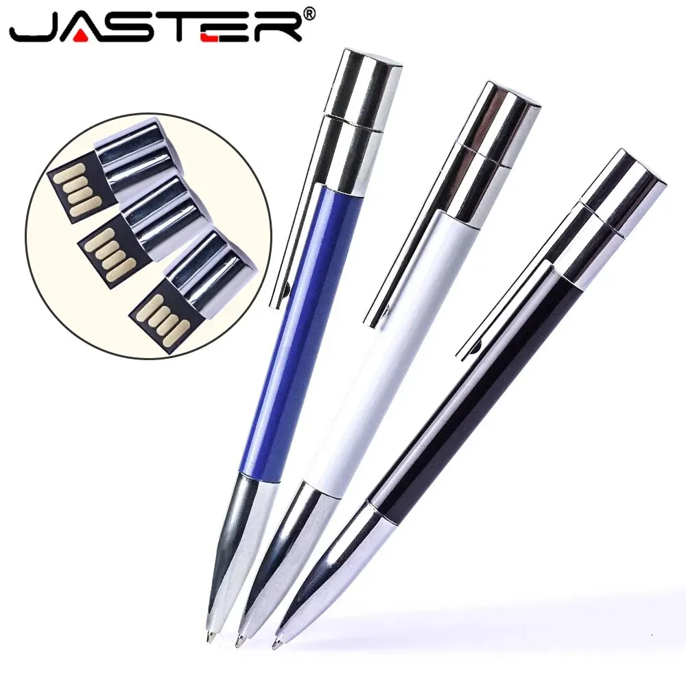 Ballpoint Pen USB Flash Drive 64GB Creative Business Gifts Memory Stick Silver Metal Pen Drive 32GB White Blue Pendrive 16GB