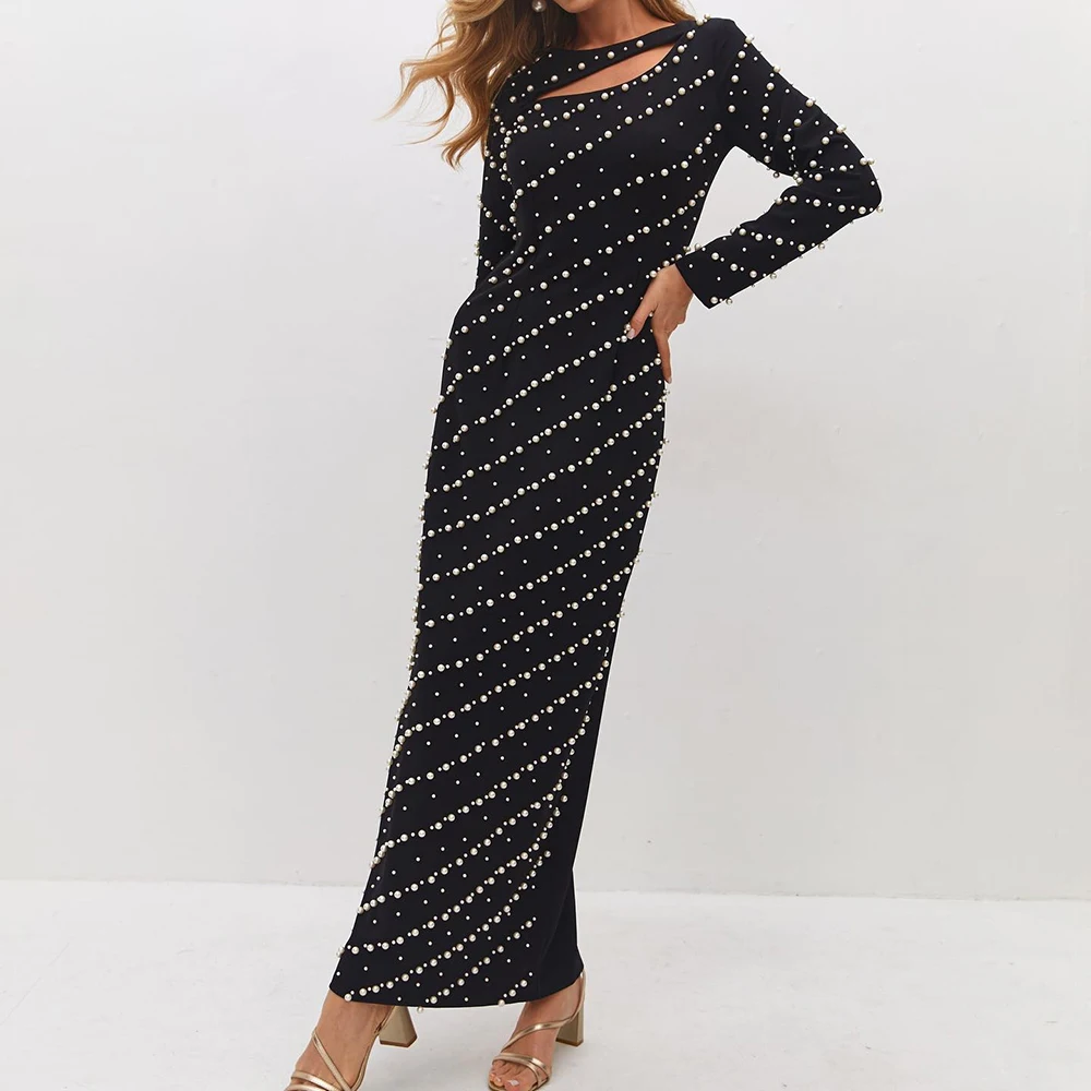 Maßgeschneiderte gerade Abendkleider, knöchellang, U-Ausschnitt, volle Ärmel, Abendkleid, schlicht, modisch, mit Perlen verziert, exquisites Partykleid