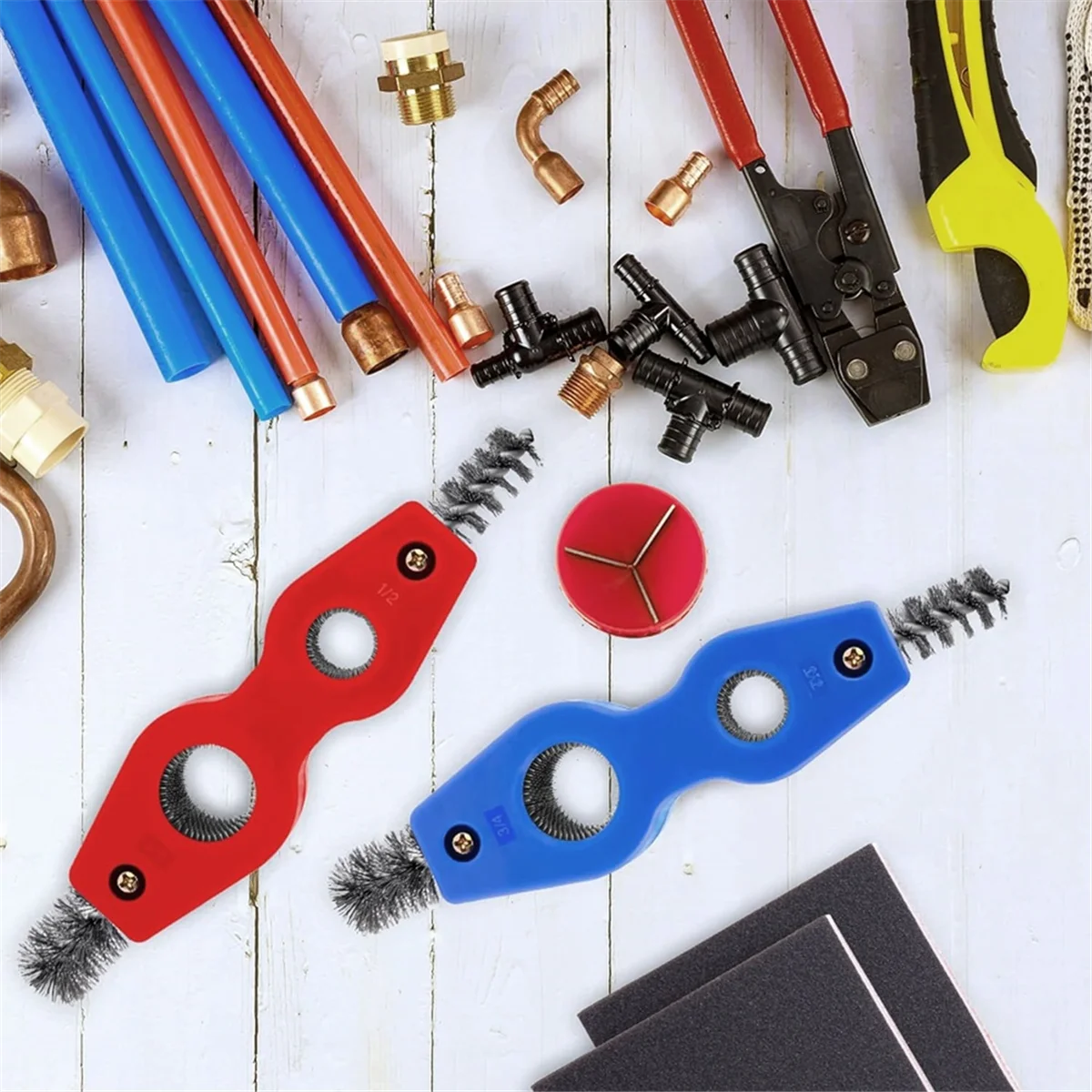 4 Pieces Copper Pipe Cleaner and Reamer Value Set- Copper Pipe and Cleaner Reamer,4-In-1 Pipe Deburring Brush Tools