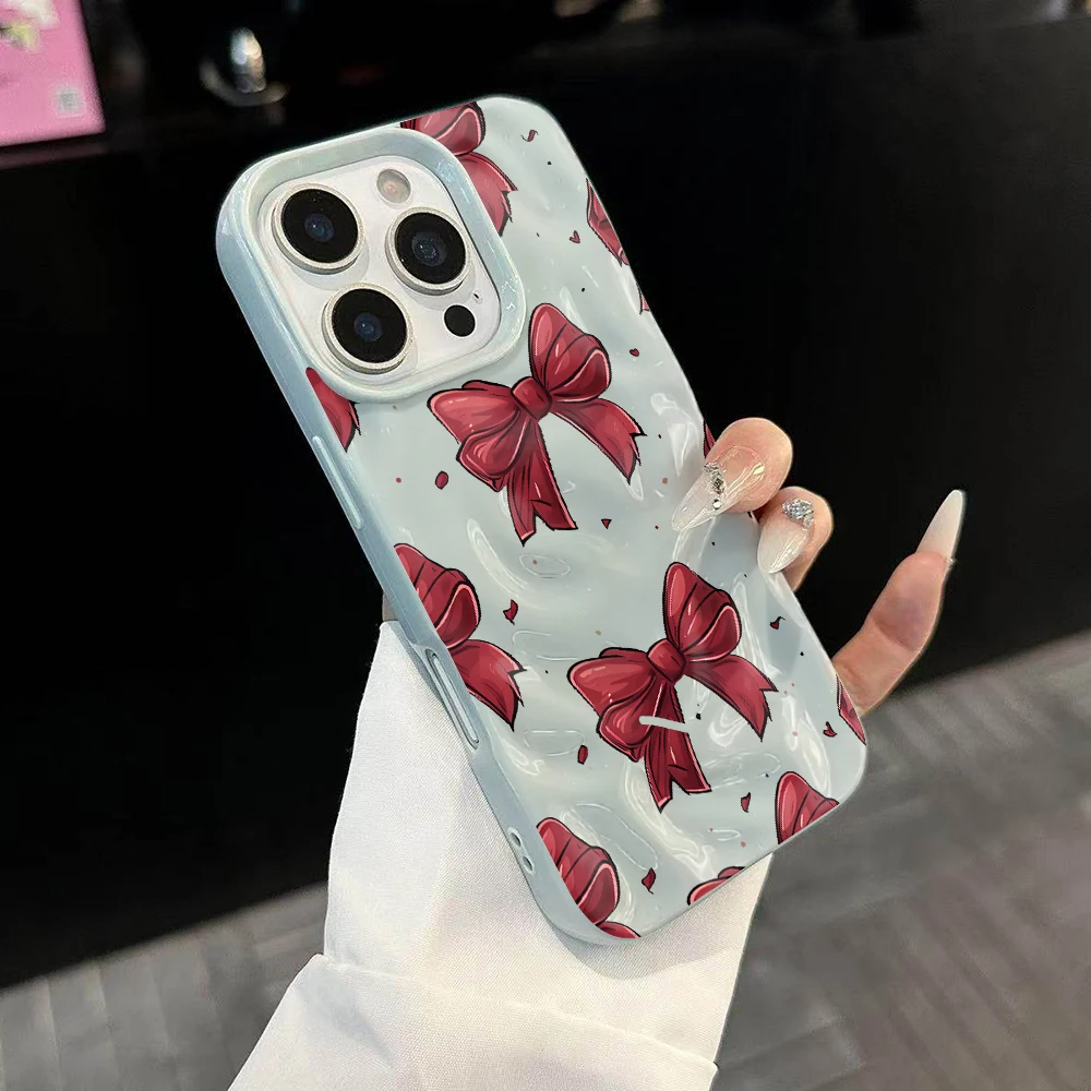 Koreanischer Stil Niedliche Schleifendruck-Handyhülle für iPhone 17 16 15 14 13 12 11 Pro Max 14 Plus 17Air Falten-Wellen-Soft-Silikonhülle – Detail 2