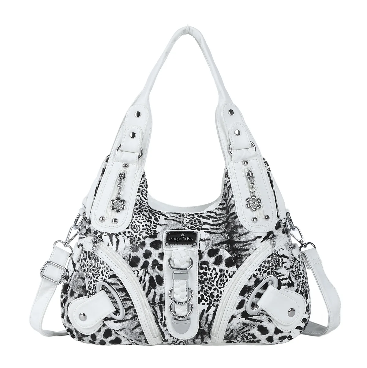 Angel Kiss Damen-Tragetasche mit modischem Leopardenmuster, Umhängetasche mit mehreren Taschen und Metallverzierung, vielseitige Alltagshandtasche