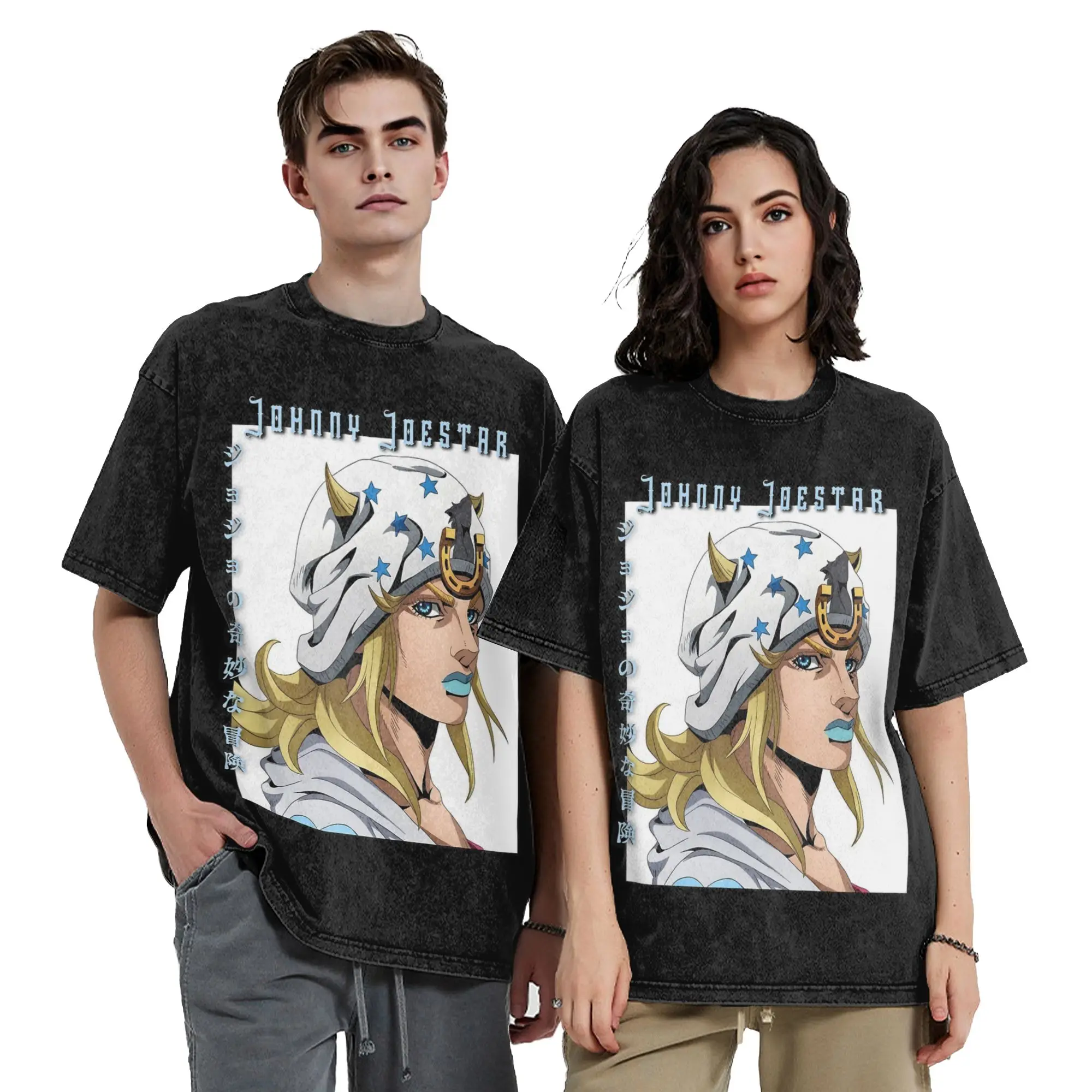 Washed T Shirts Johnny Joestar Anime Steel Ball Run Hip Hop T-Shirt Oversize Streetwear Cotton Tops Tee Shirt for Men Women
