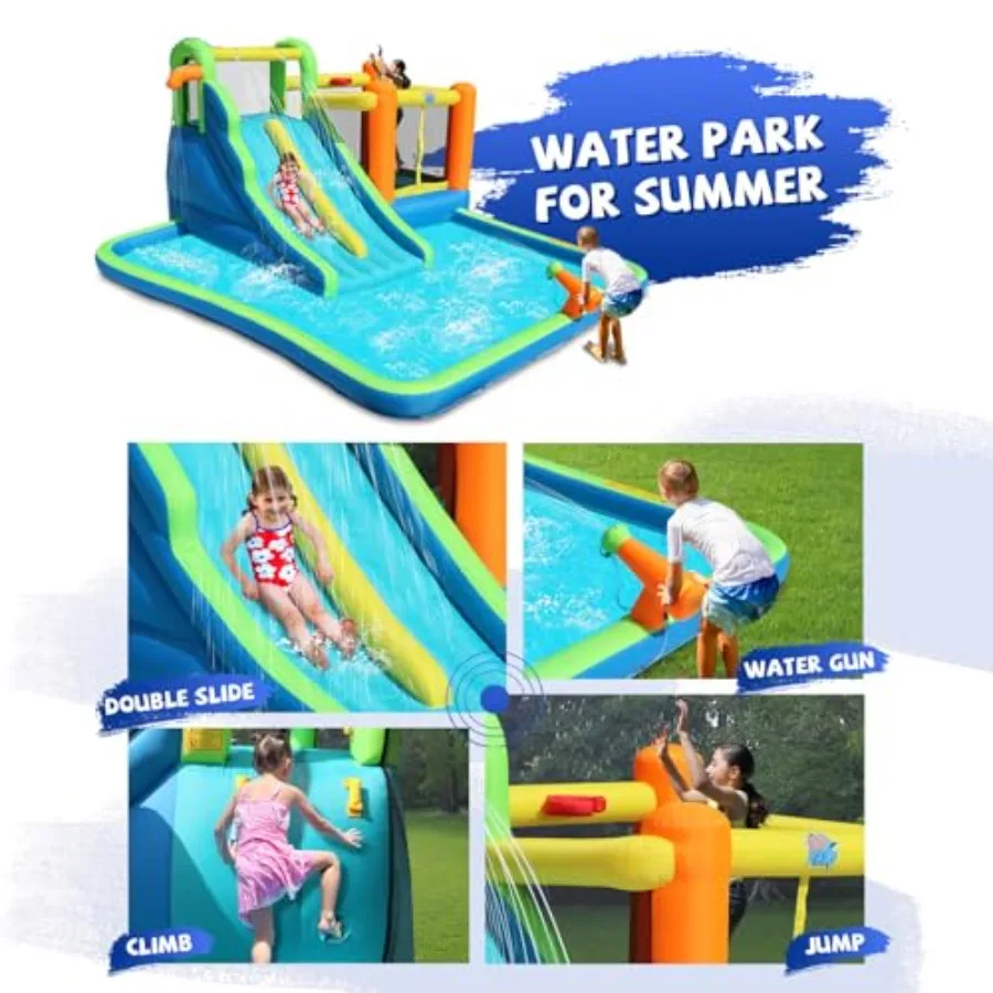 Wasserrutsche, 7-in-1 aufblasbares Hüpfhaus mit großem Pool, extra Hüpfbereich mit Basketballkorb, großer Hüpffläche 64x62 i