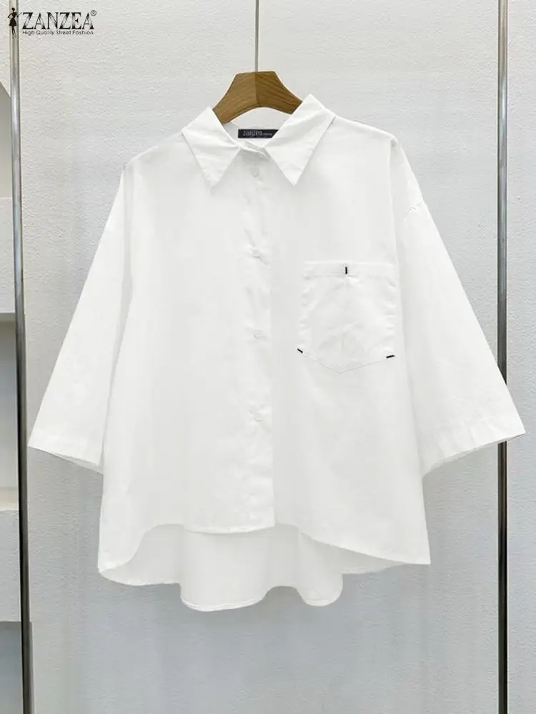 

ZANZEA Fashion High-Low White Shirts Women 2025 Autumn Turn-Down Collar 3/4 Sleeve Button Up Patch Pocket Solid Color Shirt 3XL