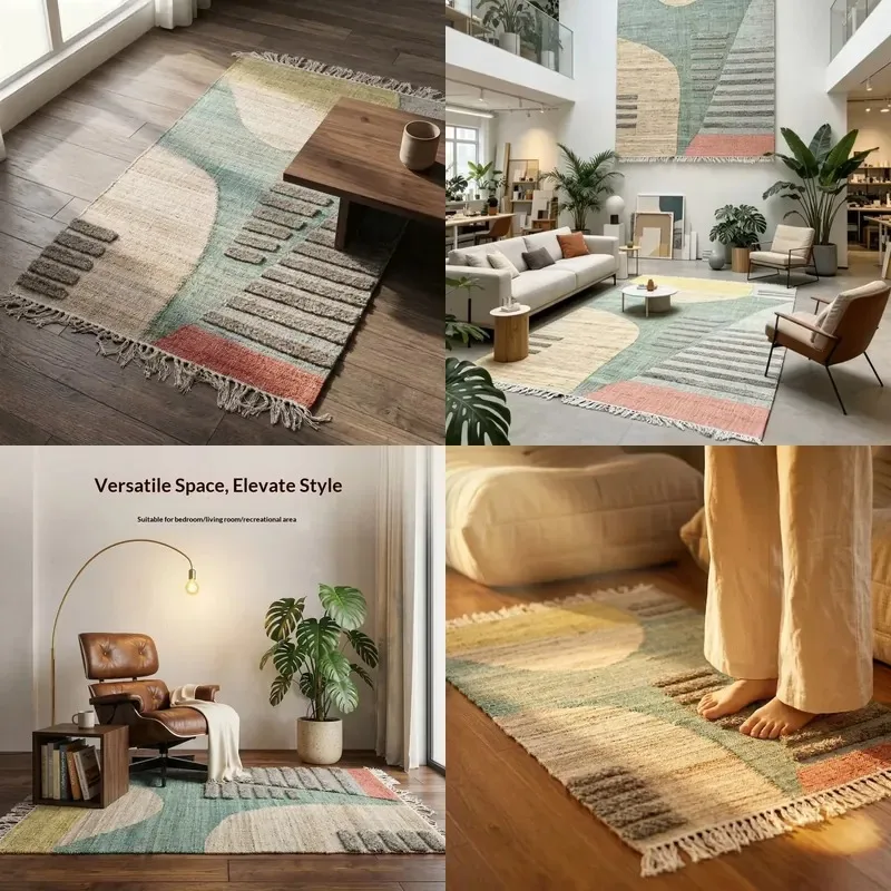 Large Handcrafted Natural Jute Rug Modern Scandinavian Geometric Pattern for Living Room Bedroom