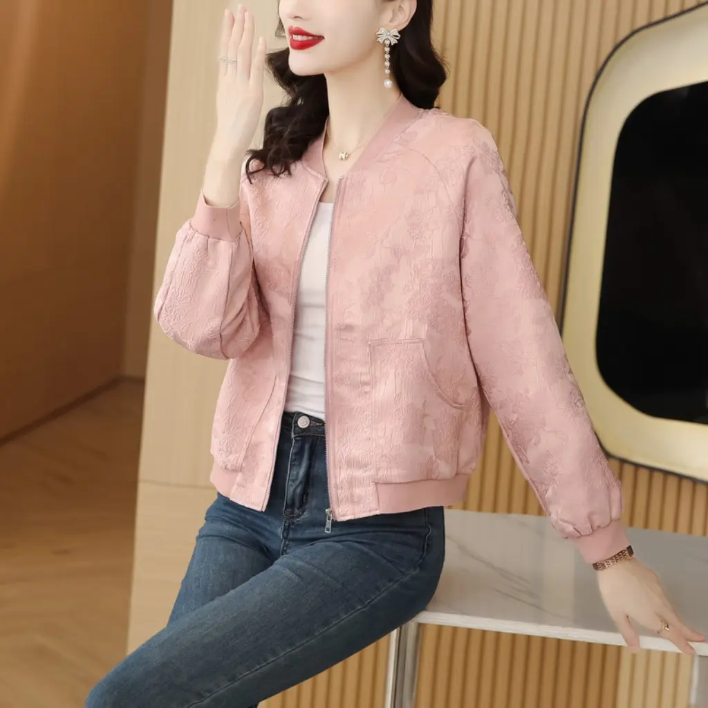 

Women's Spring Baseball Uniform Cardigan Short Jacket Raglan Sleeve Dark Pattern Jacquard Loose Fit New