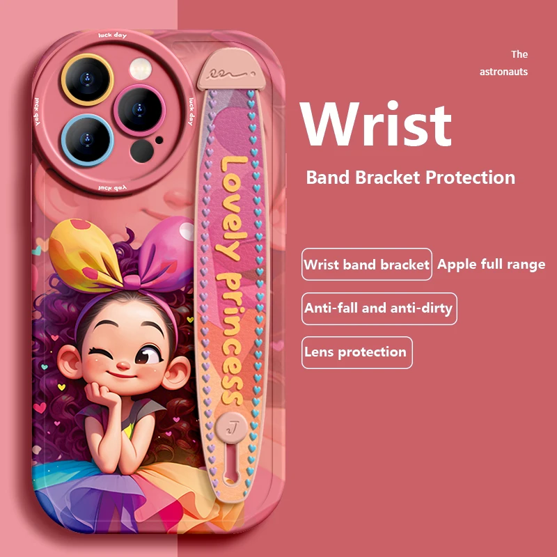 Deluxe Wrist Band Bracket For iphone 15 14 13 12 11 Pro Max X XR Xs Soft Silicone Cell Phone Case Princess In A Dress Anti-fall