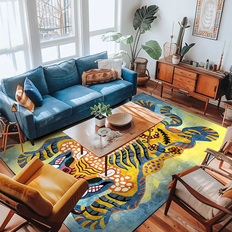 Tibetan Tiger Carpet for Living Room Velvet Cartoon Animal Bedroom Carpet Rugs Foldable Anti Slip Floor Mats Bedside Area Rugs