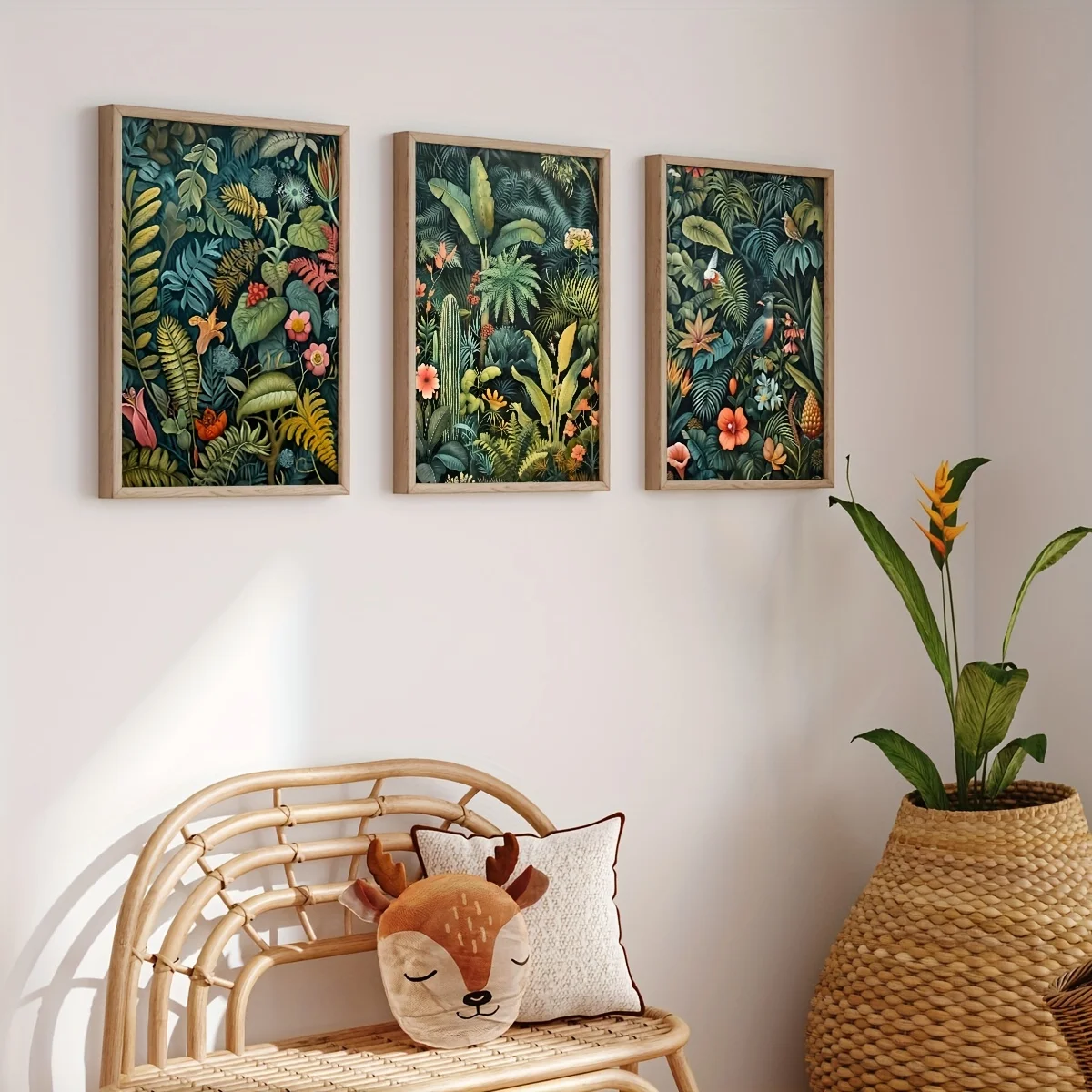 3pcs Set Vintage Jungleland Flower Henry Rousseau Inspired Wall Art Canvas Print,Plant Print Poster,Tropical Jungle Wall Art,Vintage Wall Art,Spring