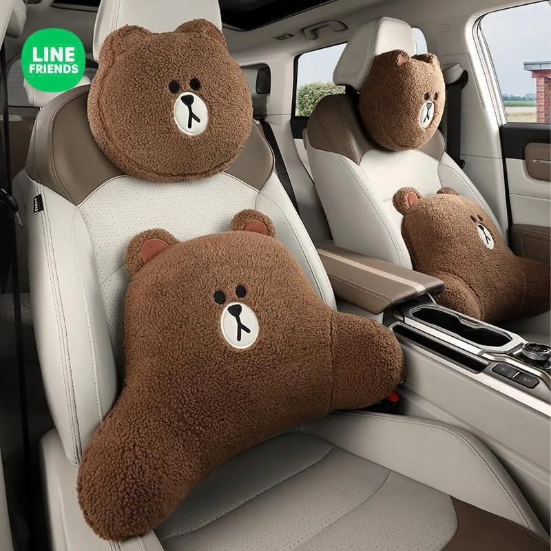 Line Friends Brown Car Drivers Seat Lumbar Cushion Anime Kawaii Car Cartoon Cute Plush Doll Memory Foam Lumbar Headrest Gifts