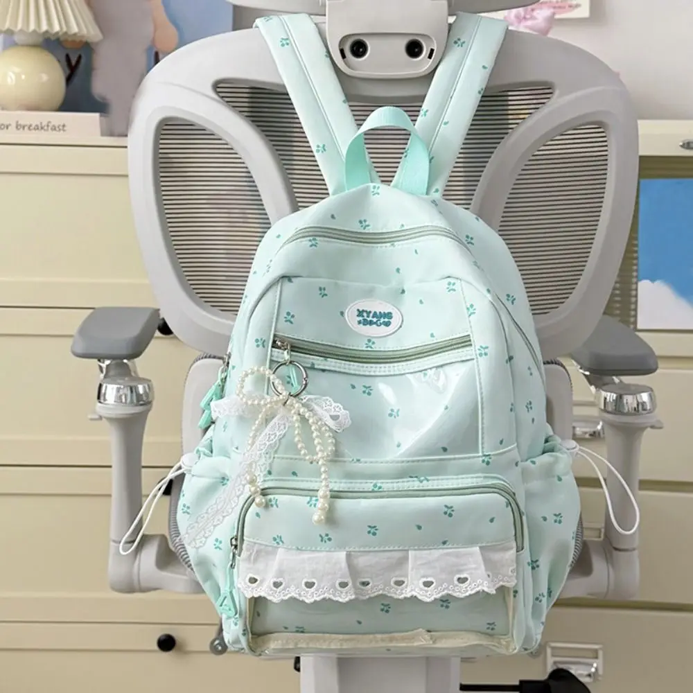 Lace Trim Student Schoolbag Multiple Pockets Large Capacity Book Bags Soft Nylon Lightweight Lace Bow Backpack For Women Girls