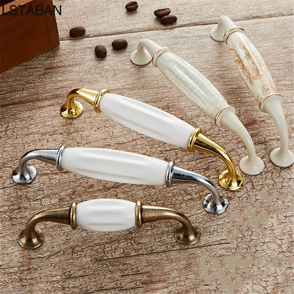 European style Ceramic Kitchen Cabinet Handles Vintage Zinc Alloy Crack Drawer Pulls Door Handle Knob and Pull Furniture Handles