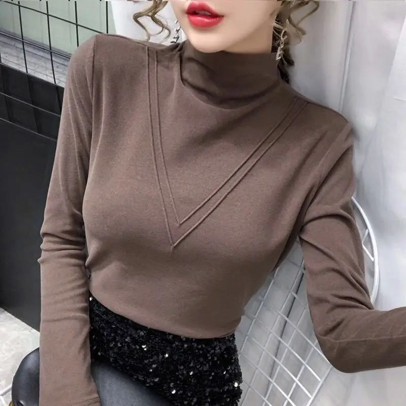 Autumn Winter New Fashion Solid Color Turtleneck Long Sleeve T-Shirts Bottoming Shirt Ladies All-match Pullover Interior Lapping