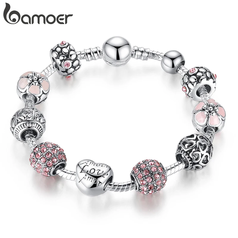 BAMOER Silver Plated Charm Bracelet & Bangle with Love and Flower Beads Women Wedding Jewelry 4 Colors 18CM 20CM 21CM PA1455