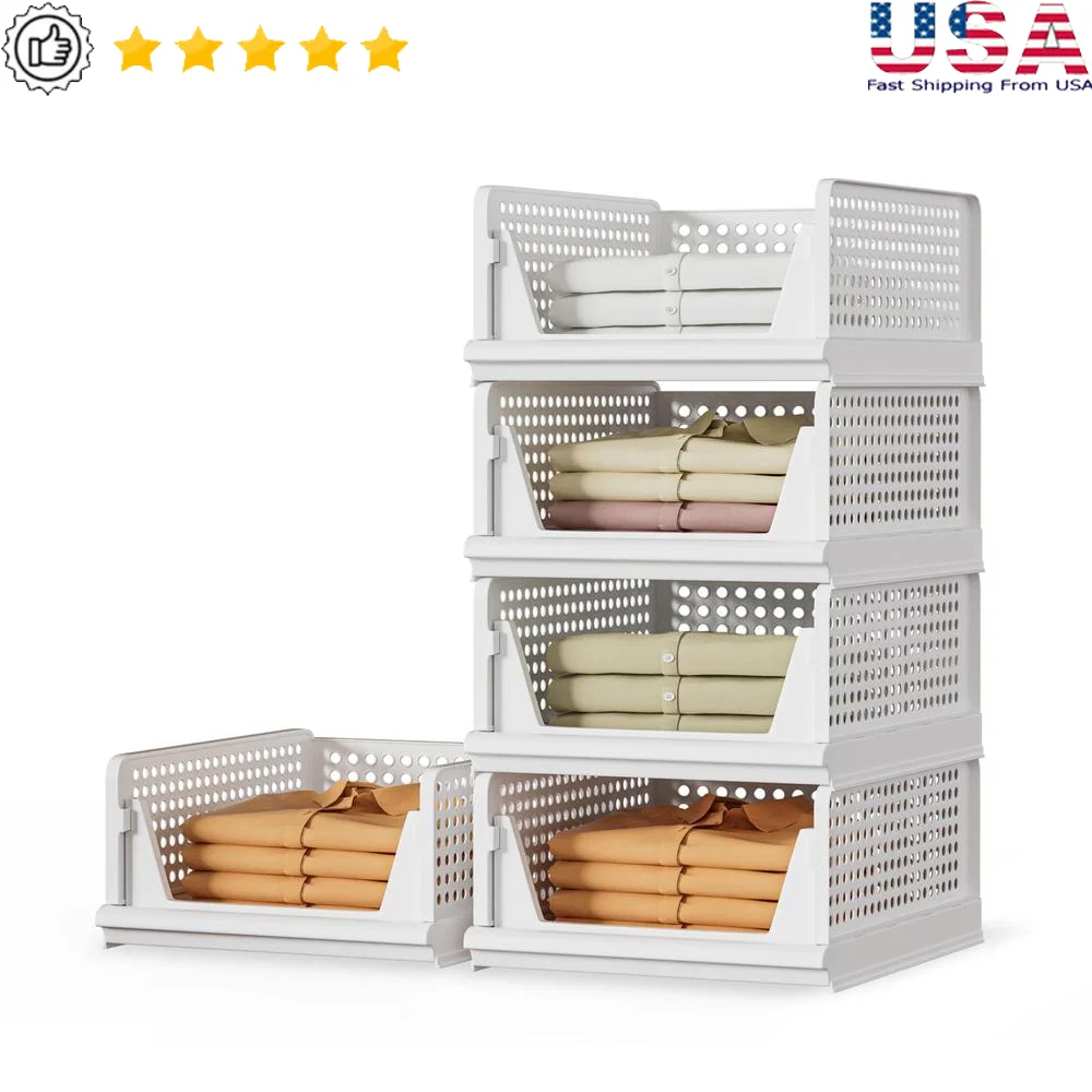 5-Pack Stackable Plastic Storage Basket Closet Organizer Bins Drawer Shelf Container Clothes Toys Snacks Files Bathroom Kitchen