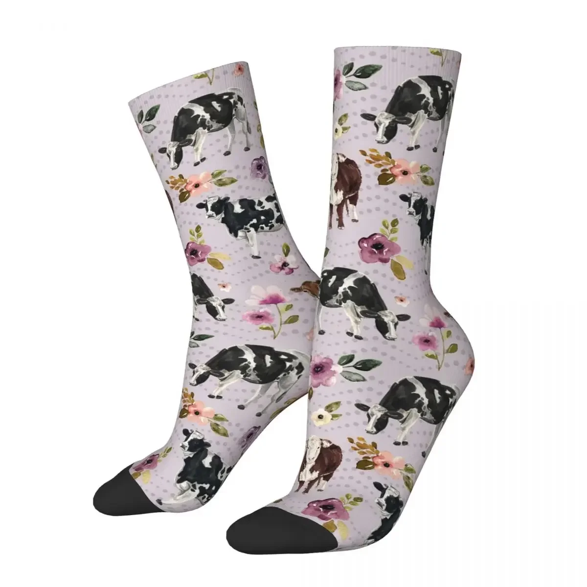 Cows And Flowers, Lavender, Watercolor Floral, Western, Cow Painting Socks Harajuku High Quality Stockings All Season Long Socks