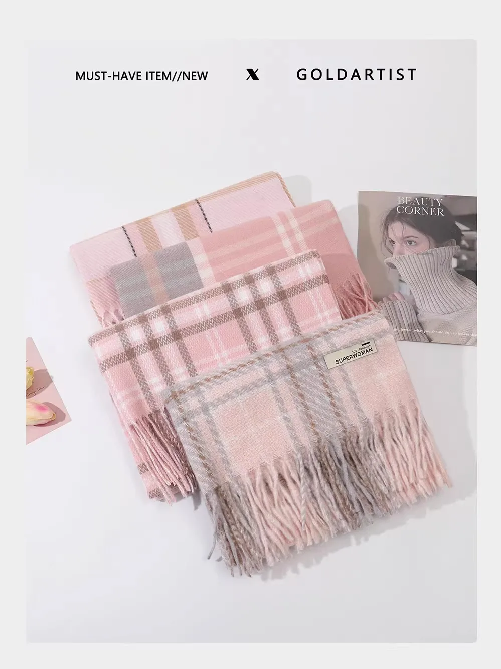 

GOLTIST Pink Plaid Scarf Women's Autumn Winter New Warmth oulder awl Aosphere Ne Warmer High-End Feeling Scarf