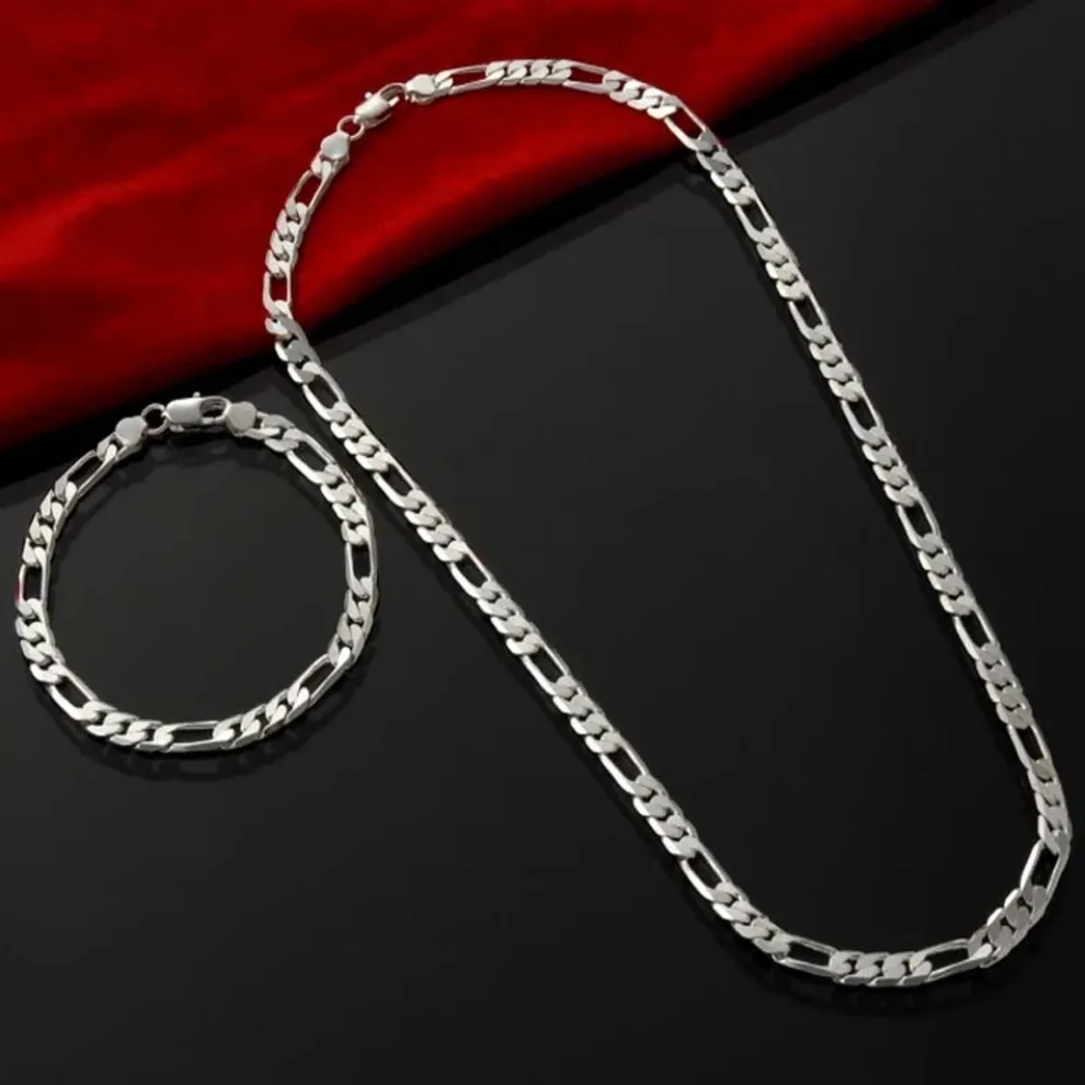 KCRLP Retro S925 Sterling Silver 4MM Chain Bracelet Necklace for Men Women Boy Jewelry Set Lady Christma Gifts Classical Wedding