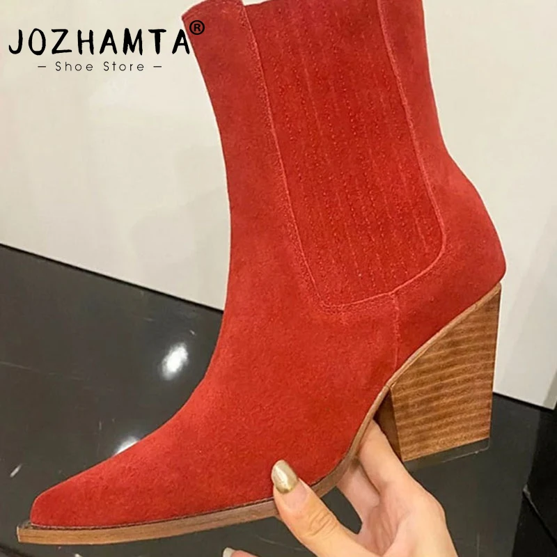 JOZHAMTA Women Western Chelsea Boots Cowgirl Pull on Stitched Pointed Toe Wedges Boots Chunky Heels Short Boots Size 35-46