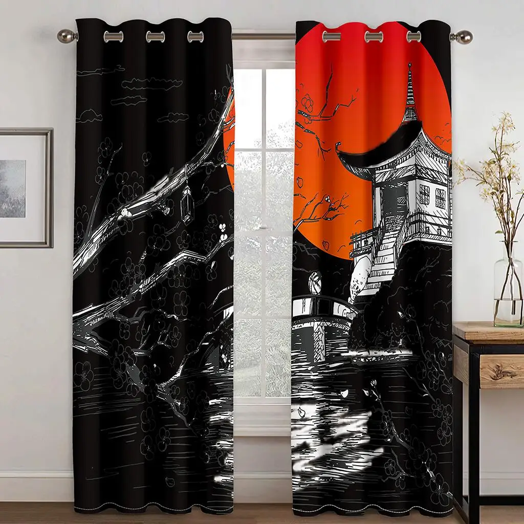 apanese Anime Black Red Moon Dragon Print Curtains Modern Style Window Treatment Blackout Drapes Cool Room Decor 2 Panels Set