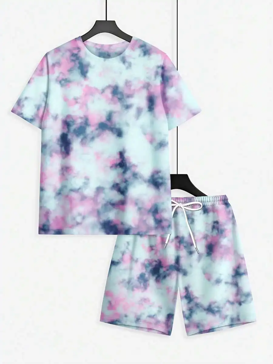 

Mens Tie Dye Short Sleeve T-Shirt And Shorts Set Casual Summer Lounge Wear