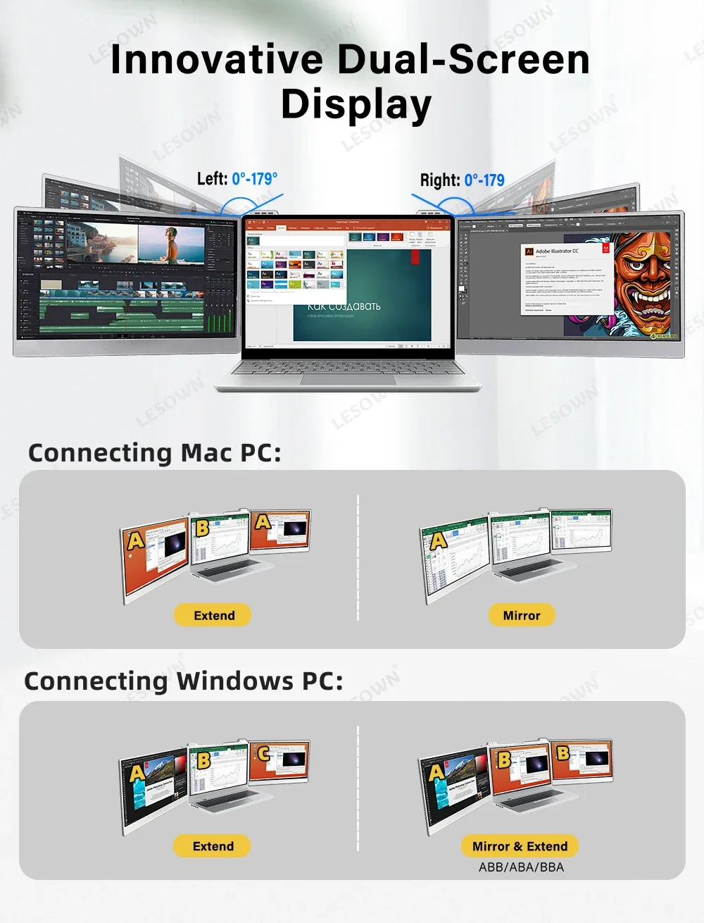 Imagem -06 - Lesown-extensor de Tela Portátil Tela Dobrável Tela Dupla Monitor Ips Fhd 1920x1080 15 Polegada Usb-c Apto para Windows Mac Computador pc