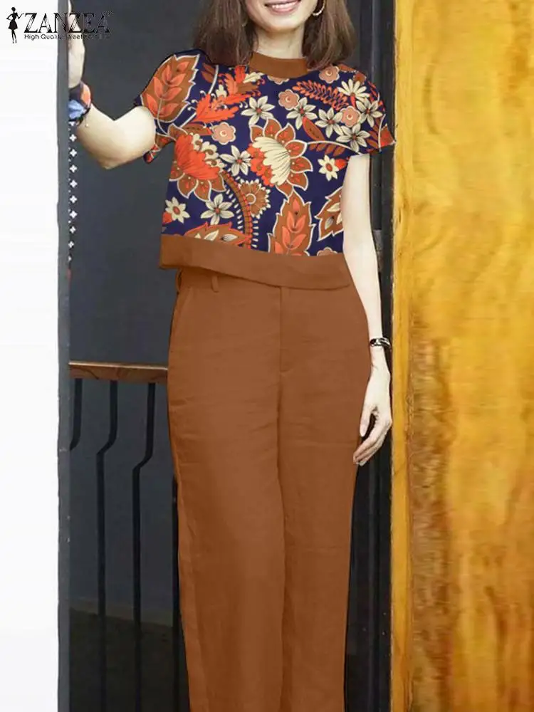 ZANZEA-Conjunto de Blusa de manga corta y pantalones de pierna ancha para mujer, traje Vintage de 2 piezas, chándales estampados, conjuntos de trabajo a juego, Verano