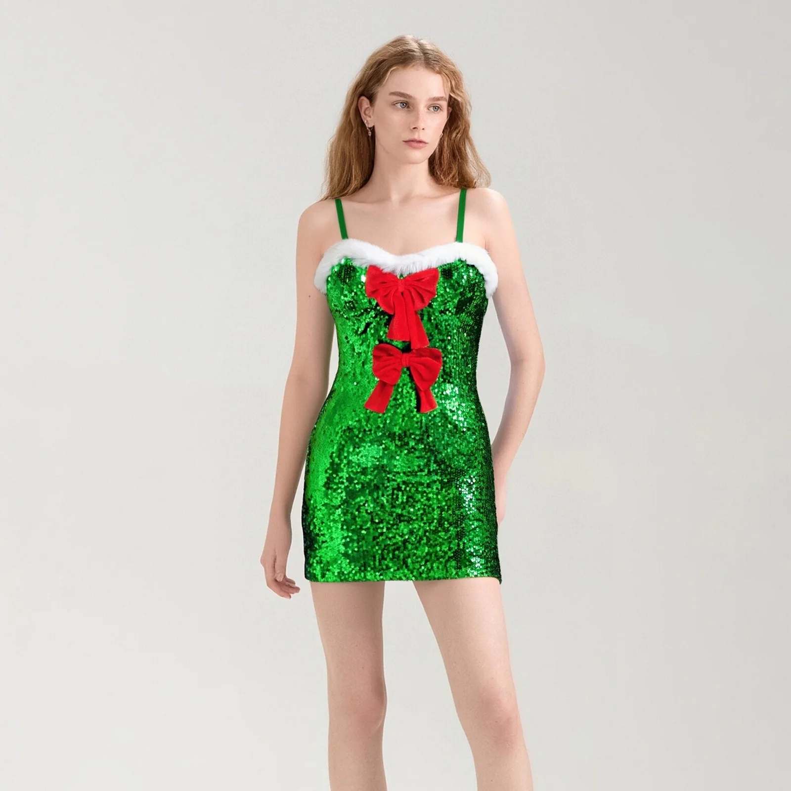 فستان نسائي لعيد الميلاد مع أكمام للذراع، ترتر لامع فاخر بدون أكمام، فستان قصير مثير لحفلات العطلات #6