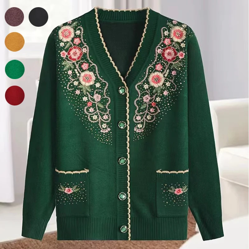 Neuer lässiger V-Ausschnitt Langarm-Mantel, gestrickter Wollpullover für Damen, Frühling/Herbst, Strickjacke für ältere Frauen