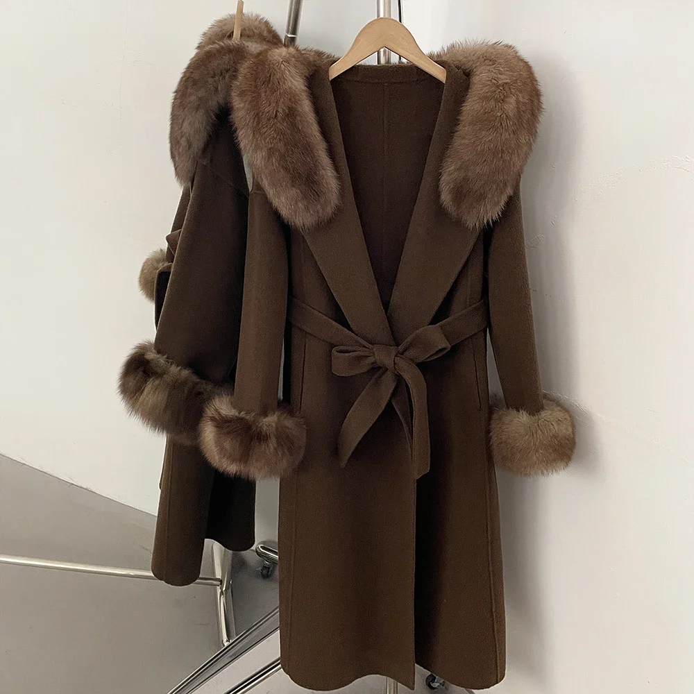 OFTBUY New Winter Warm Hood Solid Woolen Overcoat for Women Long Wool Blend Coat Women Real Fox Fur Belted Waist Jacket Female