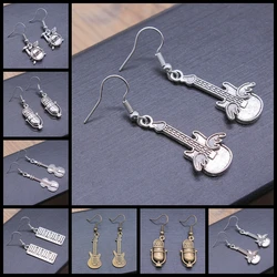 Fashion Handmade Simple Design Music Microphone Drum Piano Violin Cello Guitar Pendant Earrings Women Vintage Drop Earrings