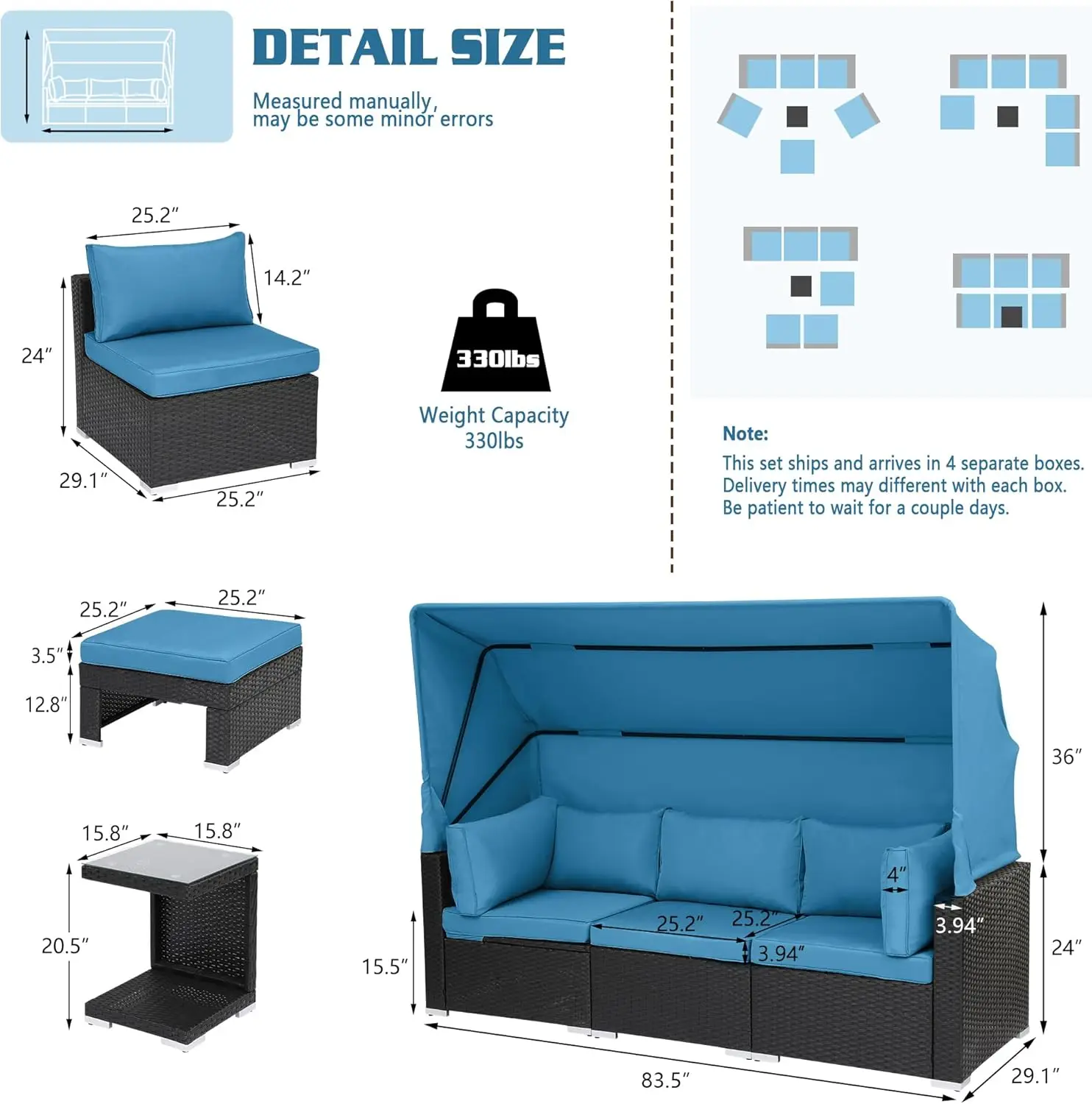 7 Pieces Wicker Patio Furniture Sets, Rattan Daybed with Retractable Canopy,with Adjustable Backrest, Chaise Chair Sunbed