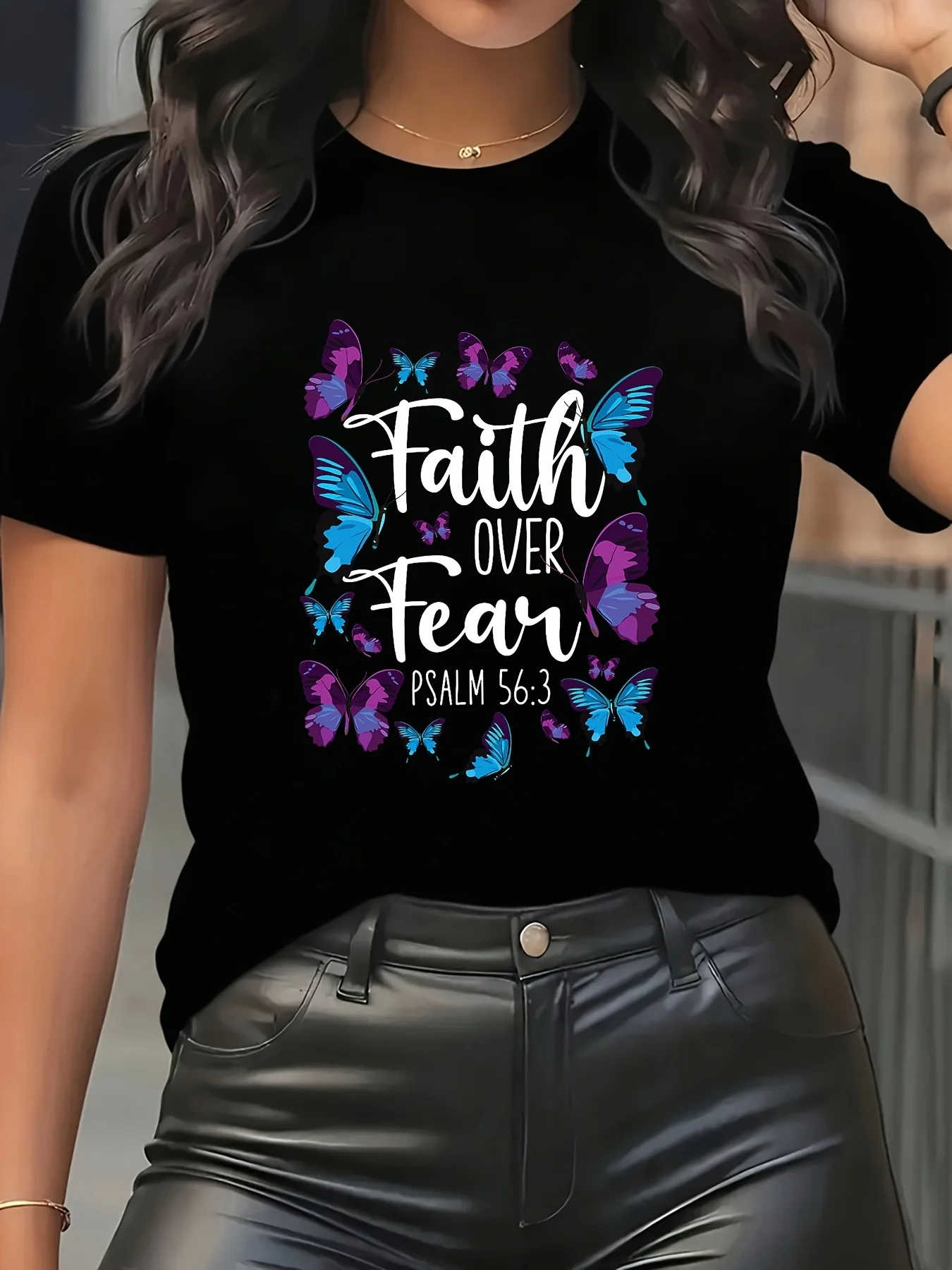 Plus Size, [Plus Size T-Shirt] Faith over Fear Butterfly Print T-Shirt, Pink Casual Round Neck Short Sleeve T-Shirt, Stretchy Fabric, Machine Washable, Available in Sizes S-Xxl, Inspirational Quote with Butterfly Design, Fashionable Simple Solid Color Loose Fit T-Shirt (for Loose Fit, Please Refer to the Size Chart)