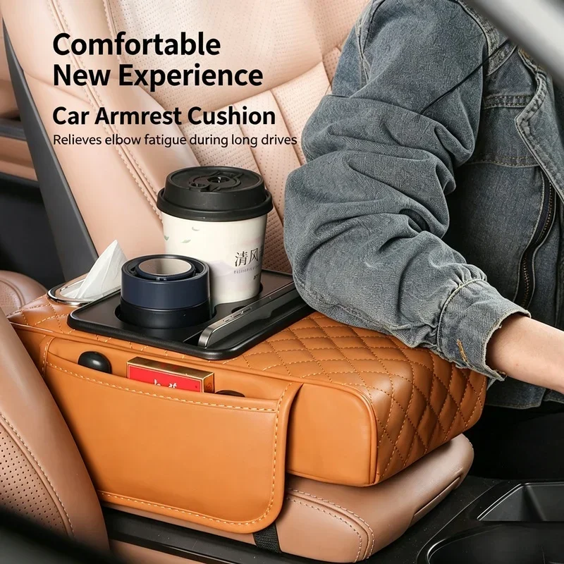 7cm Thick Memory Foam Car Armrest Cushion Elbow Support Height Pad with Storage Pocket Tissue & Cup Holder Car Interior Accessor