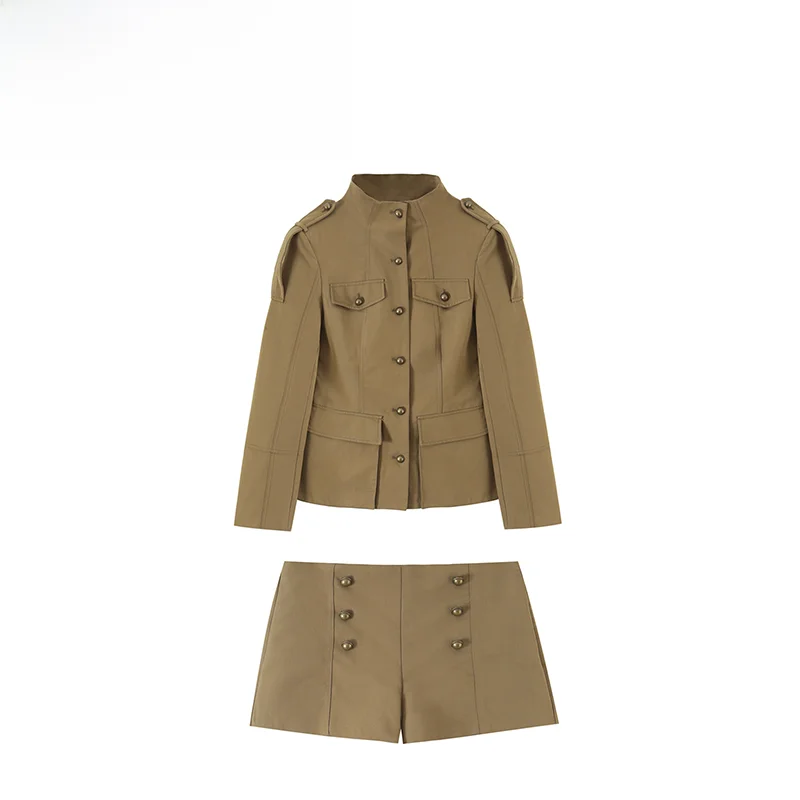 Fashionable Pocket Jacket Coat Buttoned Plaid Shorts Women's Autumn New Style Two-Piece Set Regular Sleeve Length Casual Wear