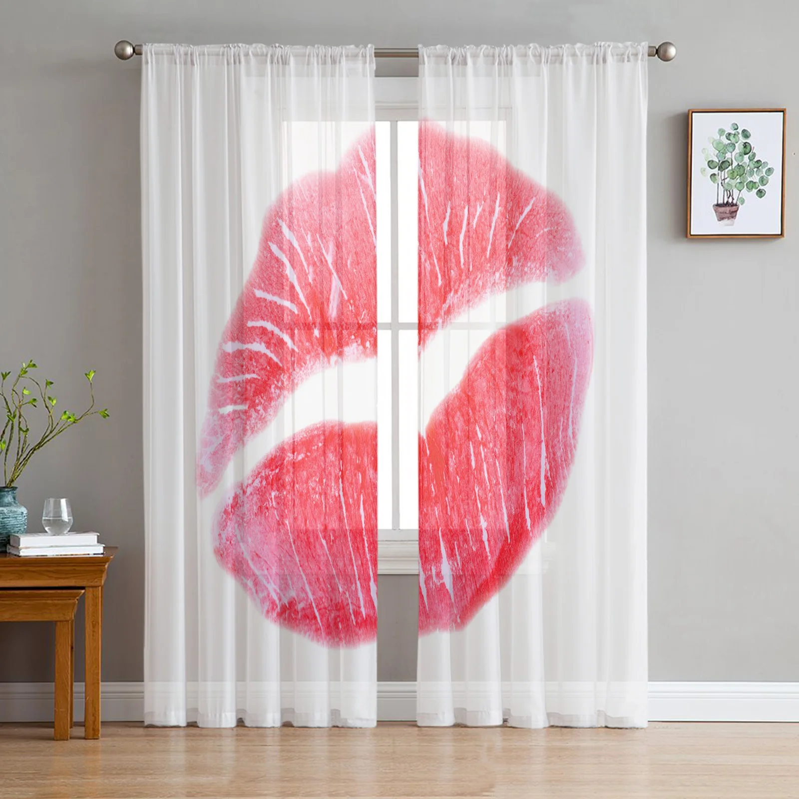 Red Lips Tulle Sheer Window Curtains for Living Room the Bedroom Modern Voile Organza Decorative Curtains Drapes