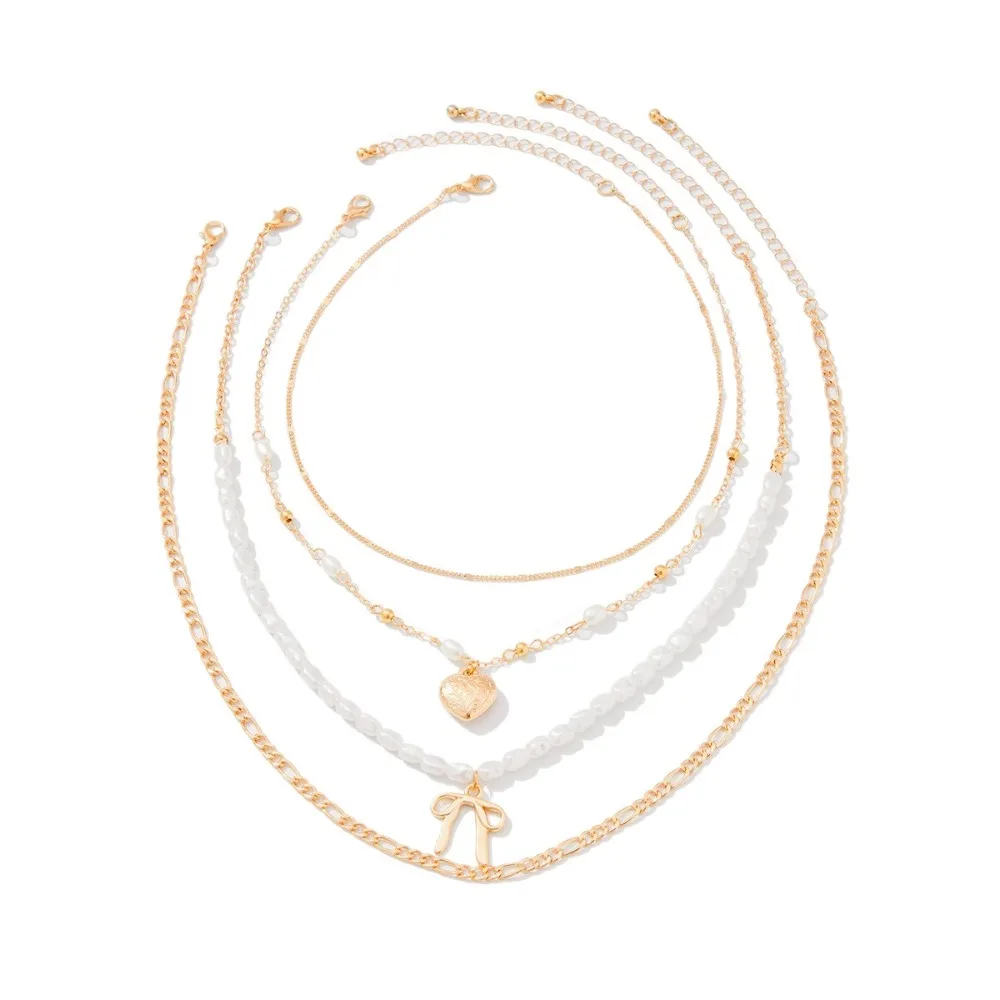 

Fashion Love Bowknot Beaded Necklace Punk Adjustable Multilayer Pendant Necklace Choker Crystal Y2K Metal Necklace Party