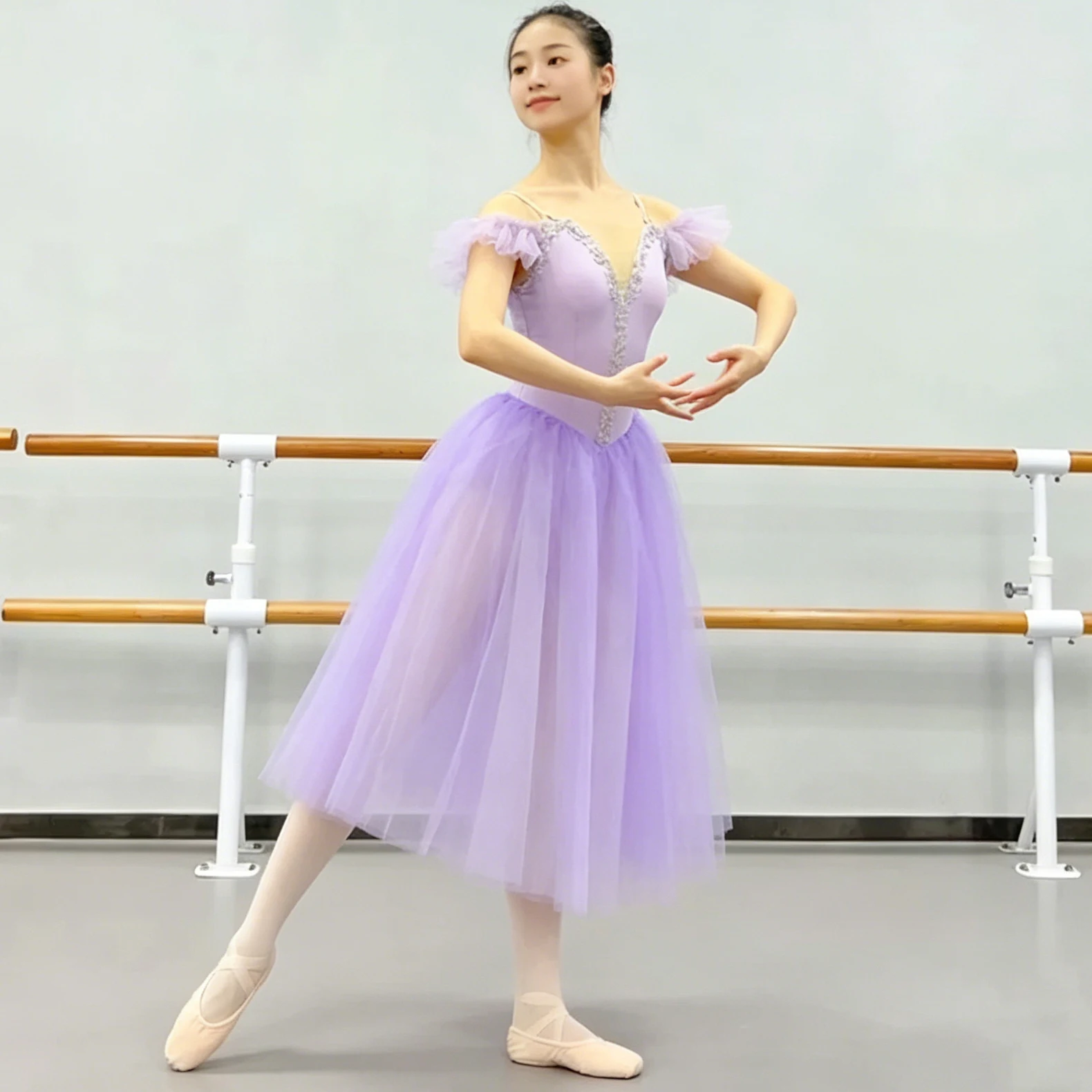 Professionelles Romantisches Tutu Langes Ballettkleid mit Stickerei, Plissiertem Schrägausschnitt, Ballerina-Partykleid, Kinder-Ballett-Tanzkostüme