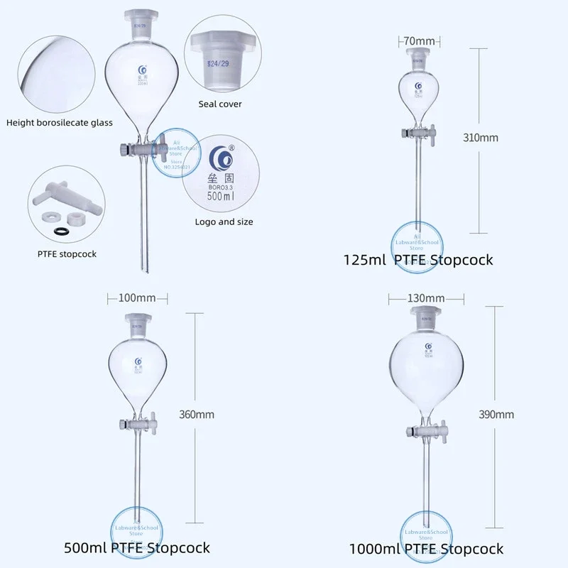 1PCS 60ml To 1000ml Clean Lab Glass Ball-shaped Separating Funnel with Glass/PTFE Piston