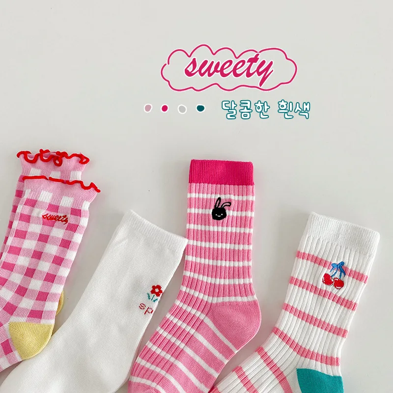 Children\'s Socks Girls Fancy Lace Pink Cotton Socks Spring Cherry Flower Embroidery Calf Socks