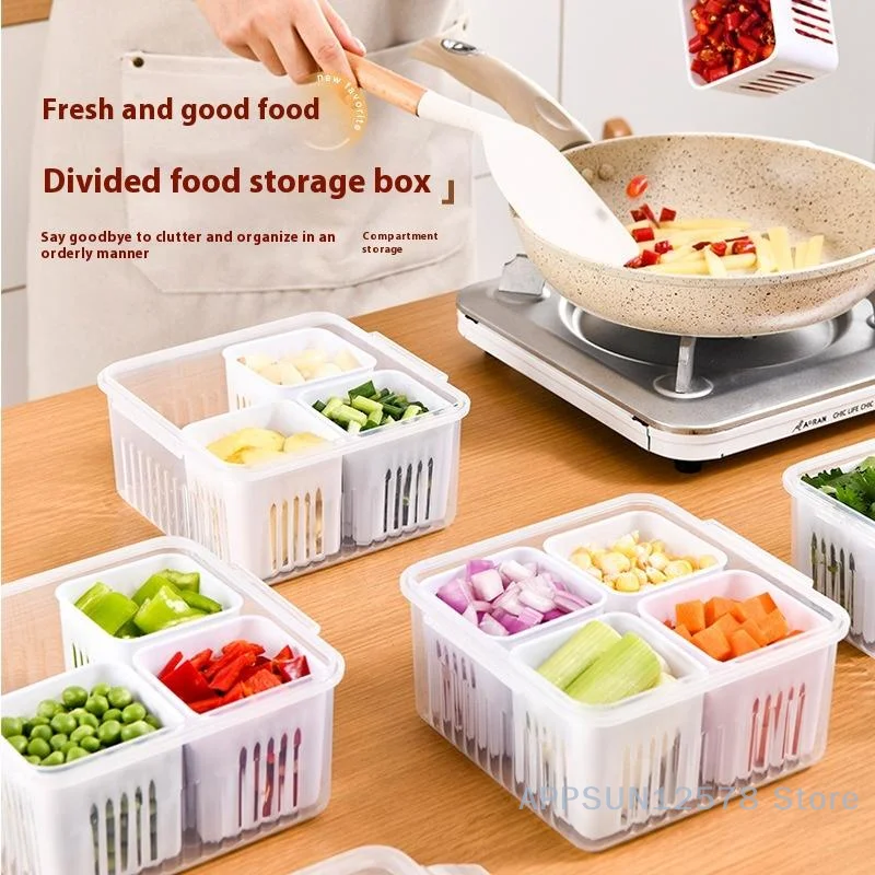 Refrigerator Storage Box 4 Grid Food Vegetable Fruit Storage Box Fridge Organizer Drain Basket Meat Onion Ginger Clear Crisper