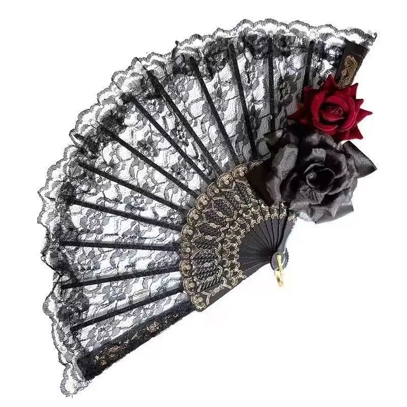 Halloween Props Lace Fan Gorgeous Retro European Rose Folding Fan Tea Party Models Dark Comic Show Cosplay Props