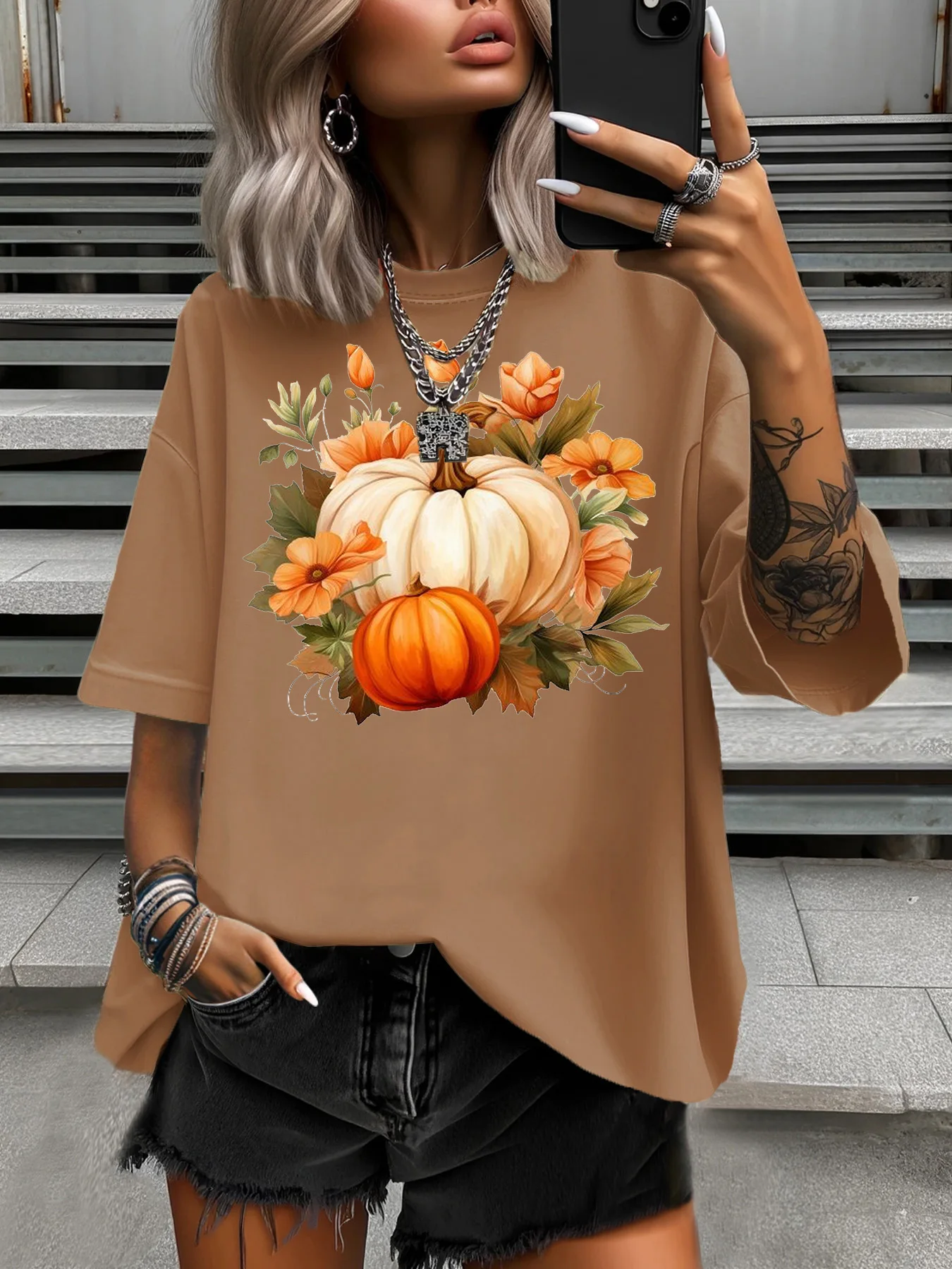 

Летняя женская футболка больших размеров, оригинальный дизайн, женские повседневные мягкие топы с круглым вырезом и короткими рукавами с цветочным принтом тыквы