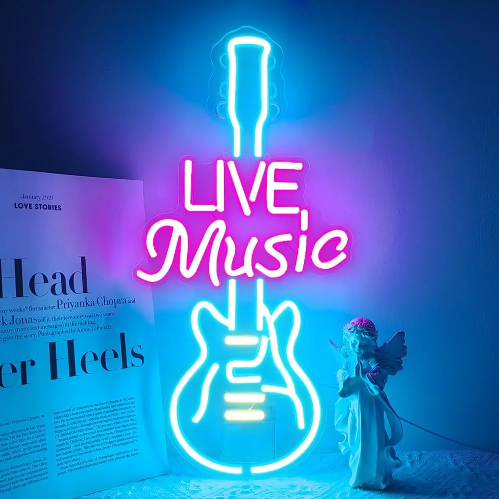 

Live Music Neon Light Sign Guitar LED Neon Sign for Music Studio Bedroom Bar Room Club Home Pub Man Cave Party Decor USB Powered
