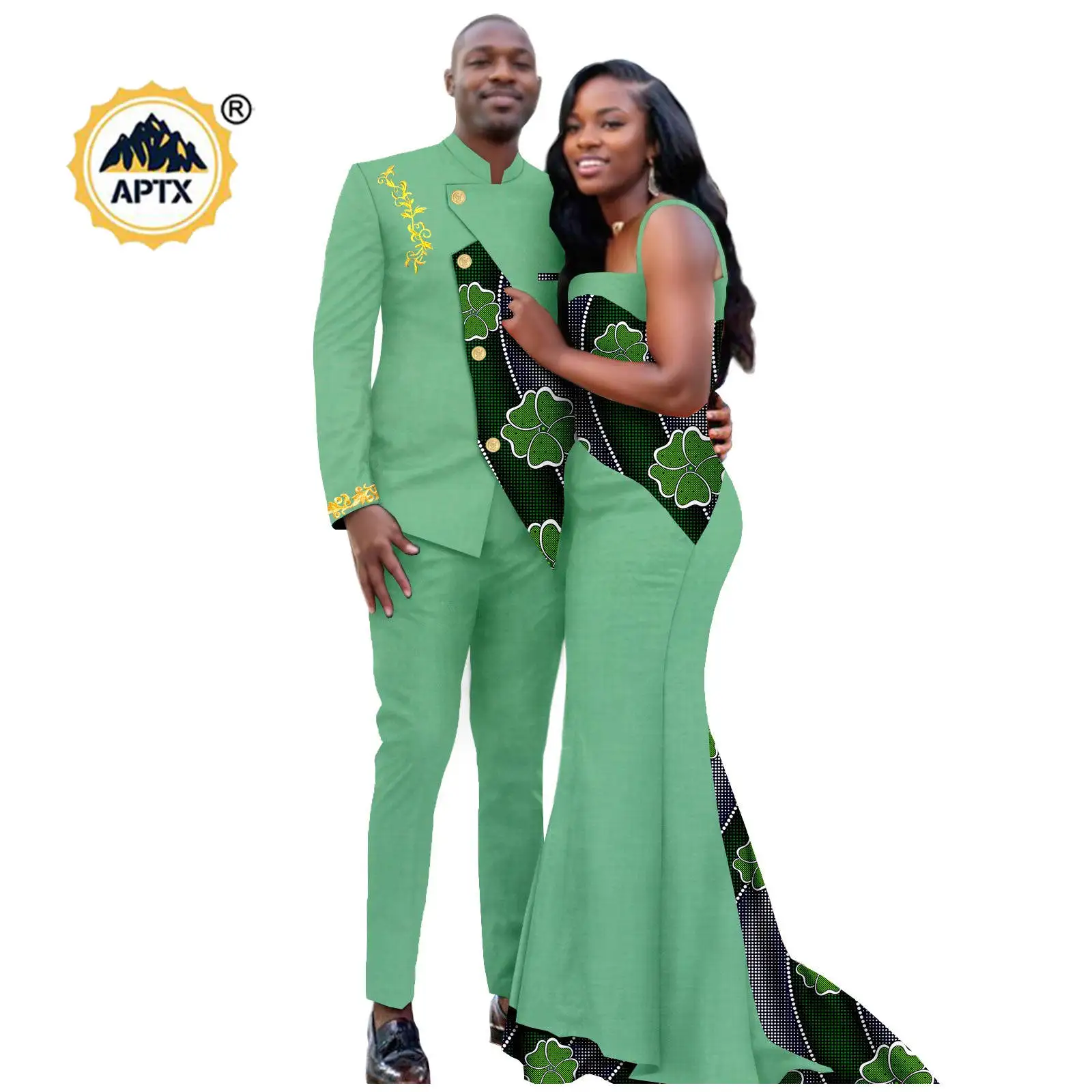 Dashiki African Sexy Print Mermaid Long Dresses Matching Couple Outfits Bazin Riche Men Clothes Jacket Top and Pant Sets 24C061