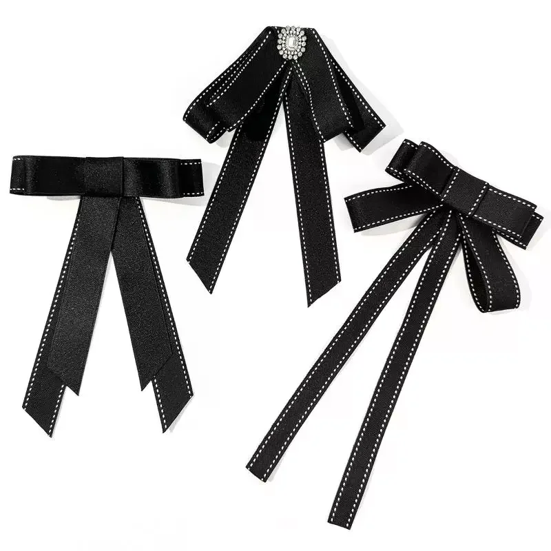 Black Ribbon Fabric Bow Brooch Tie Blouse Sweater Neckline Accessories Decoration