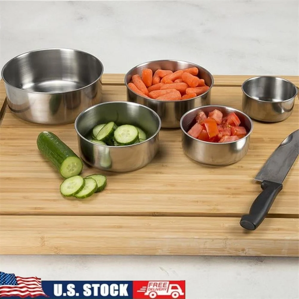 

5-Piece Stainless Steel Nesting Bowls with Airtight Lids Kitchen Prep Storage Set Ideal Meals Salads Dips Leftovers Camping