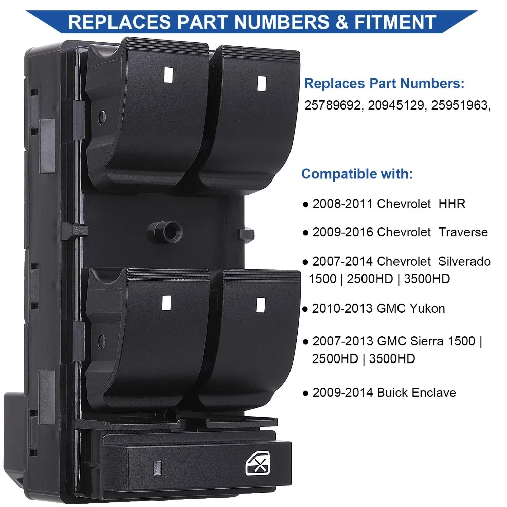 25789692 Front Left Power Window Switch for Chevy Silverado GMC Sierra Traverse HHR Yukon Buick Replaces  20945129 25951963