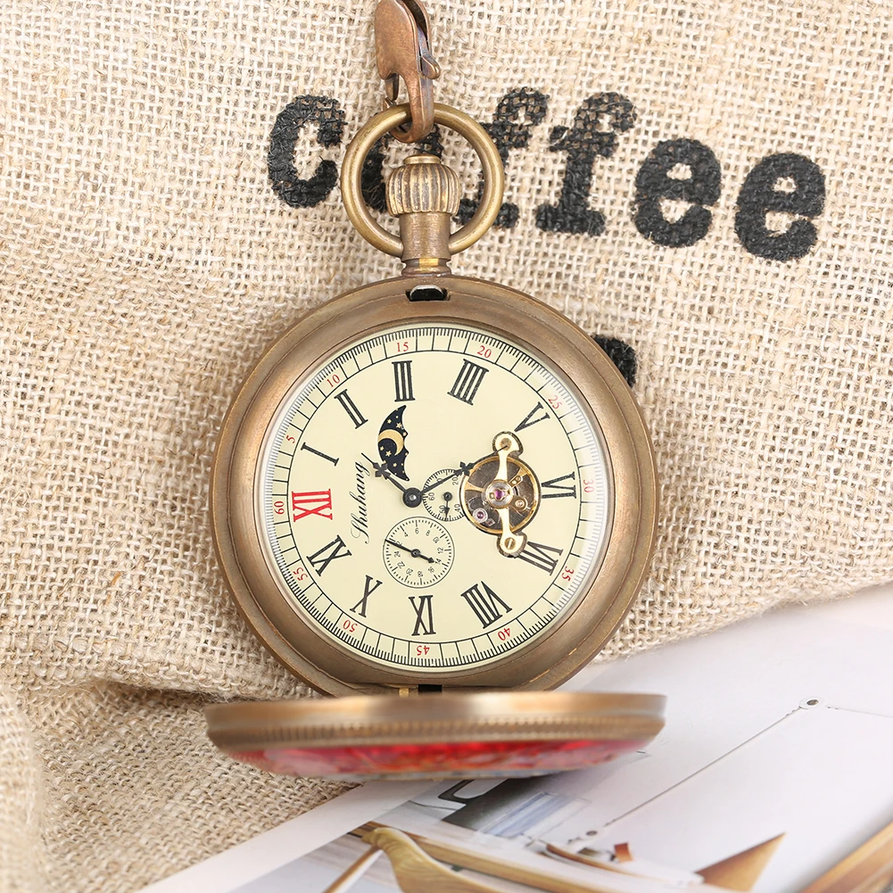 Side-Read Roman Numerals Tourbillon Dial Bronze Copper Mechanical Self Winding Pocket Watch Men's Fob Chain Pendant Clock Gift