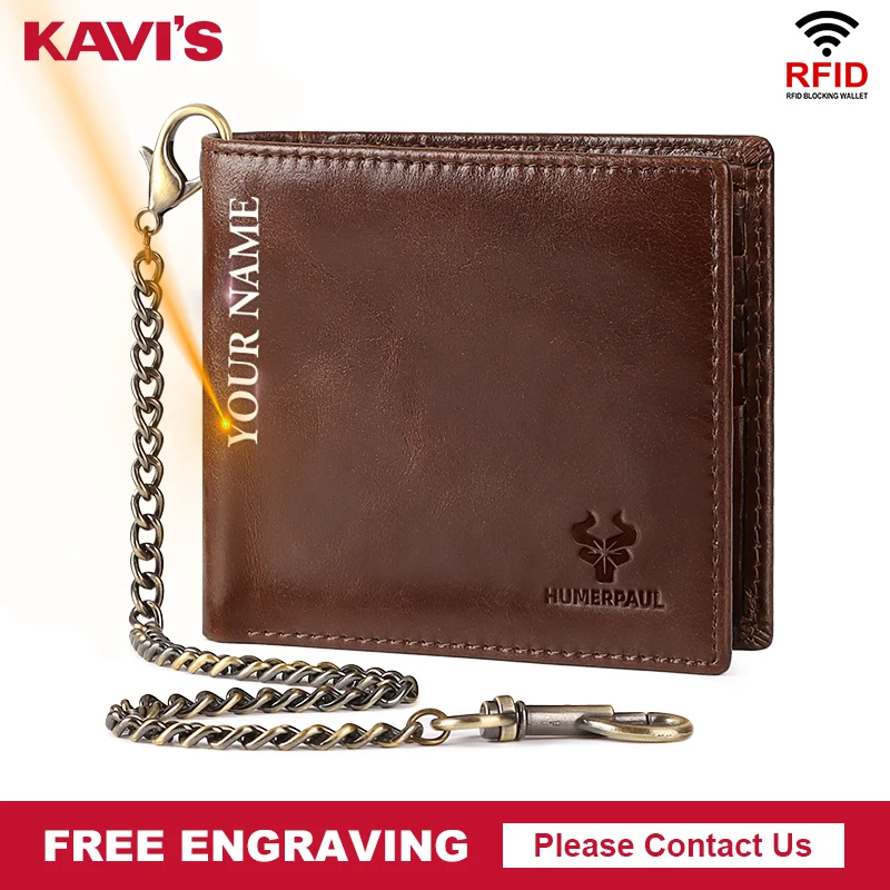 

Men's Short Wallet Genuine Leather RFID Blocking Card Holder Multifunction Male Storage Bag with Anti-theft Chain